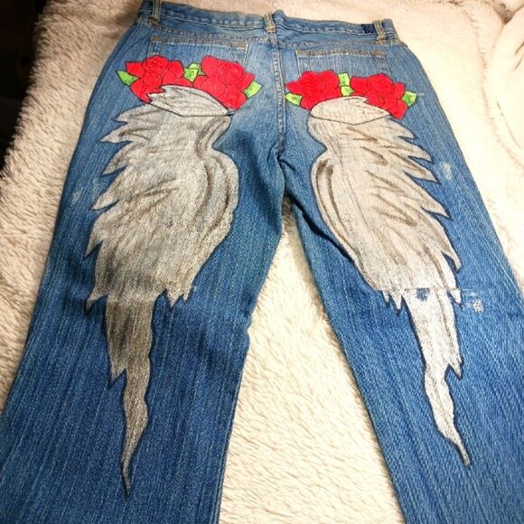 Y2K Custom Painted Distressed Bleached Denim Jeans Wearable Art Wings-Roses 12 - Picture 11 of 12